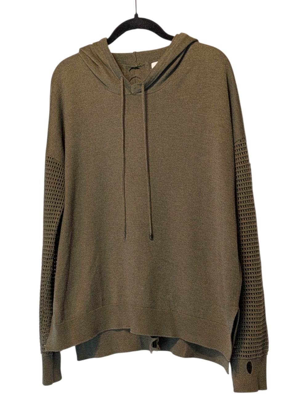 Olive Hooded Cabincore Knit Pullover with Open-Knit Sleeves